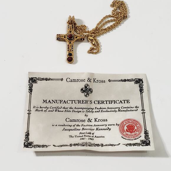 Camrose & Kross JBK Jackie Kennedy Gold Tone Cross Pendant Necklace With Box - Picture 5 of 9